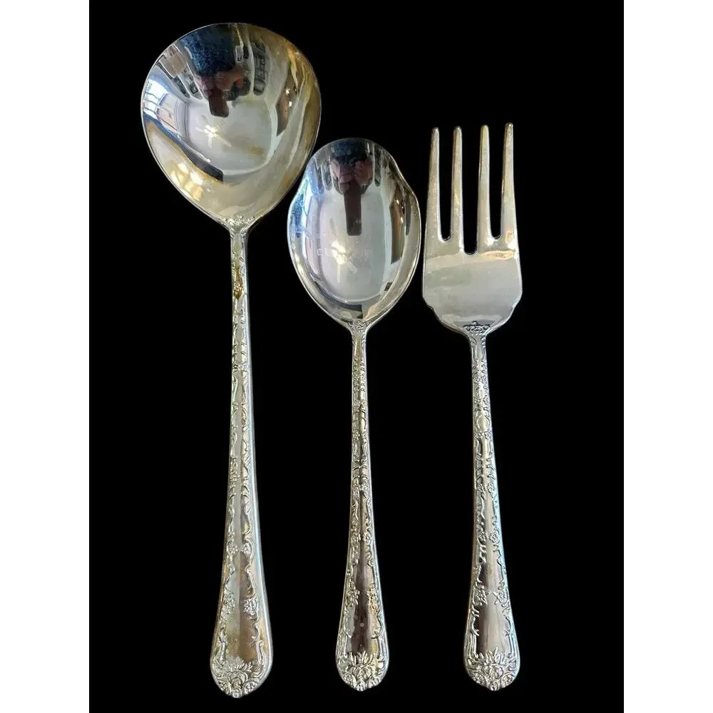 VTG WM. Rogers & Son Enchanted Rose 3pc Serving Set Silverplate Flatware